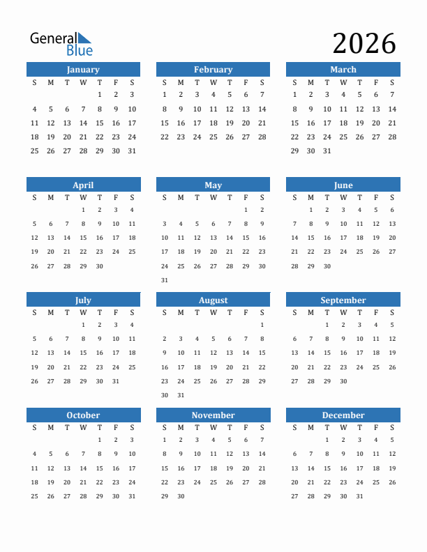 2026 Calendar (PDF, Word, Excel)