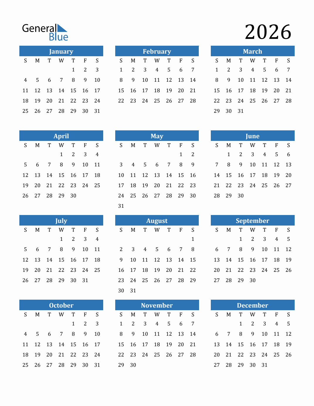 Free 2026 Calendars in PDF, Word, Excel