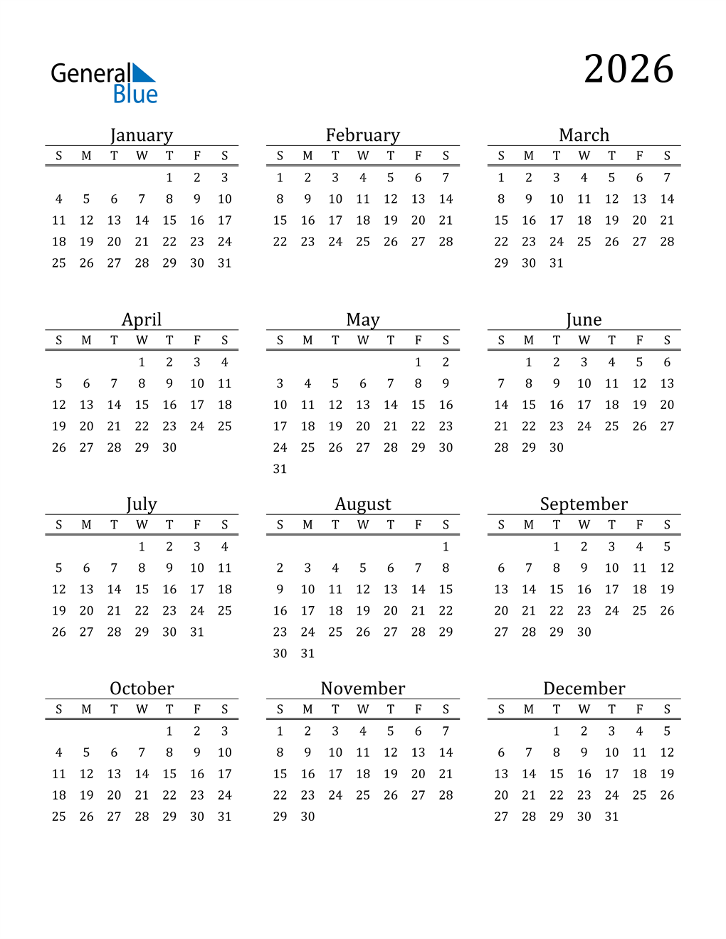 2026 Calendar (PDF Word Excel)