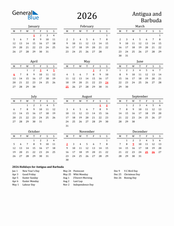 Antigua and Barbuda Holidays Calendar for 2026