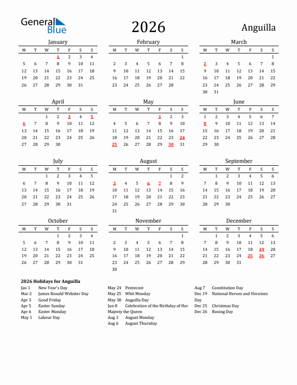 Anguilla Holidays Calendar for 2026