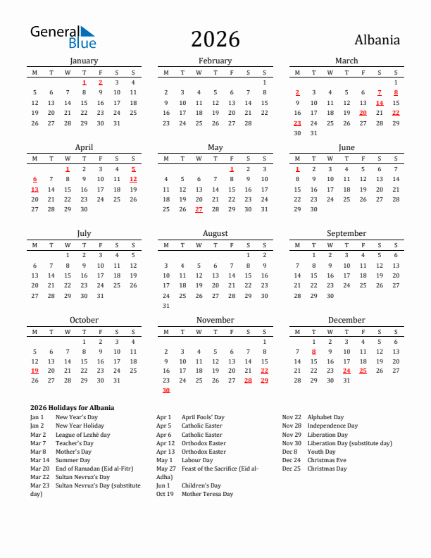 Albania Holidays Calendar for 2026