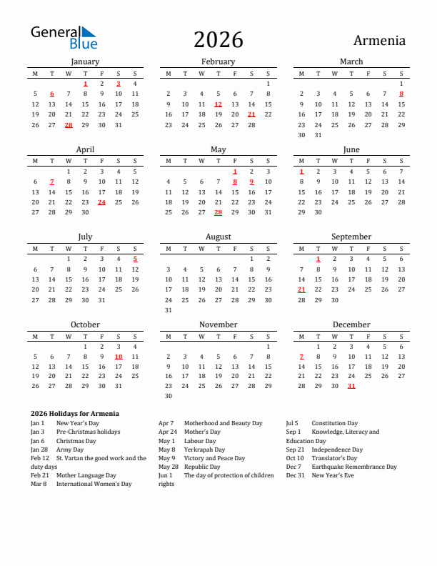 Armenia Holidays Calendar for 2026