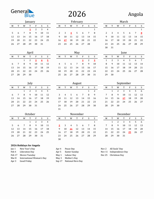 Angola Holidays Calendar for 2026