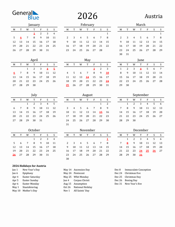 Austria Holidays Calendar for 2026