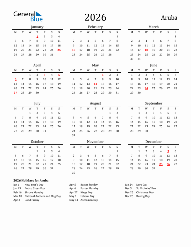 Aruba Holidays Calendar for 2026