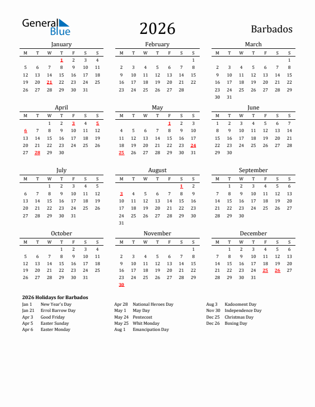 Barbados Holidays Calendar for 2026