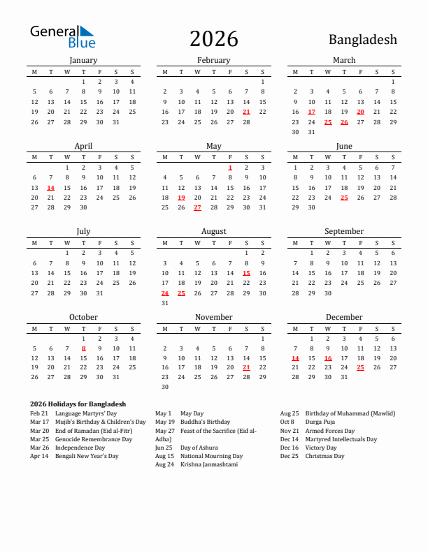 Bangladesh Holidays Calendar for 2026