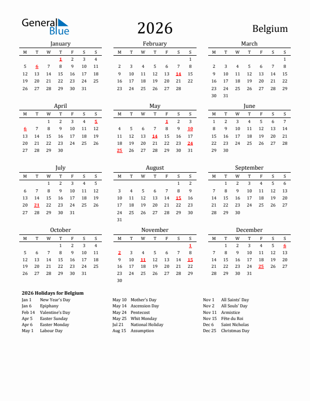 Belgium Holidays Calendar for 2026