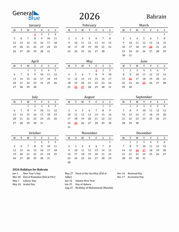 Bahrain Holidays Calendar for 2026