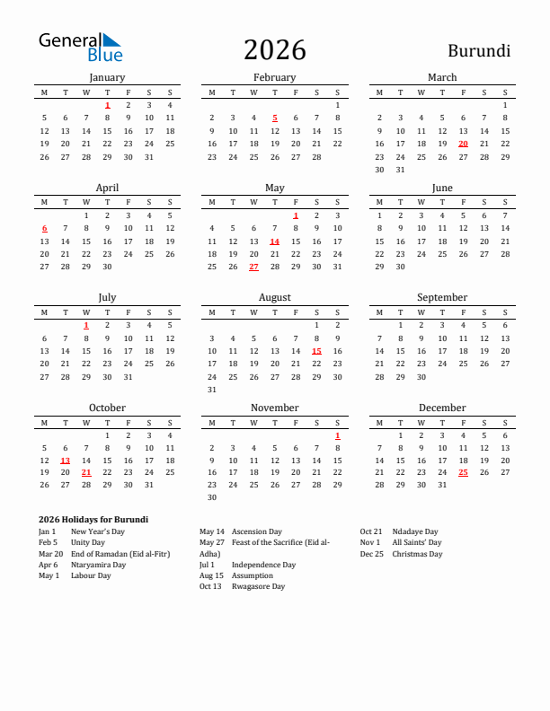 Burundi Holidays Calendar for 2026