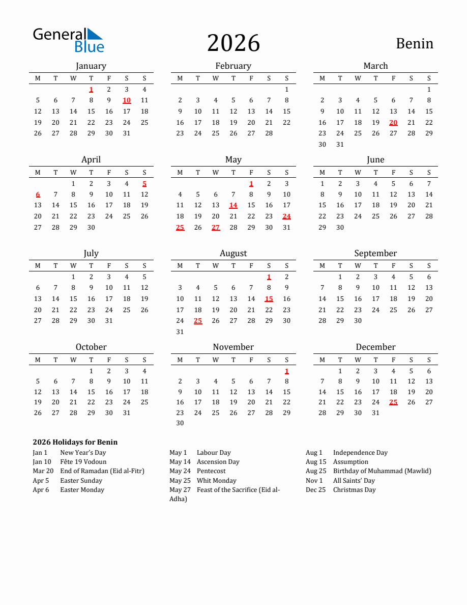 Free Benin Holidays Calendar for Year 2026