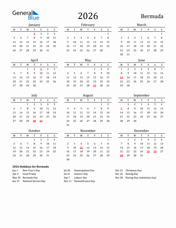 Bermuda Holidays Calendar for 2026
