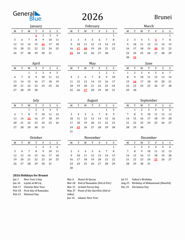 Brunei Holidays Calendar for 2026