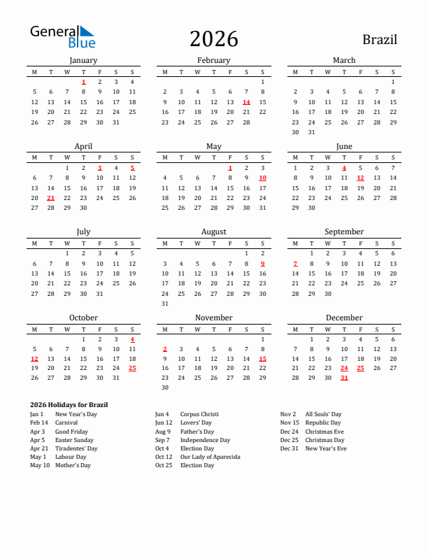 Brazil Holidays Calendar for 2026