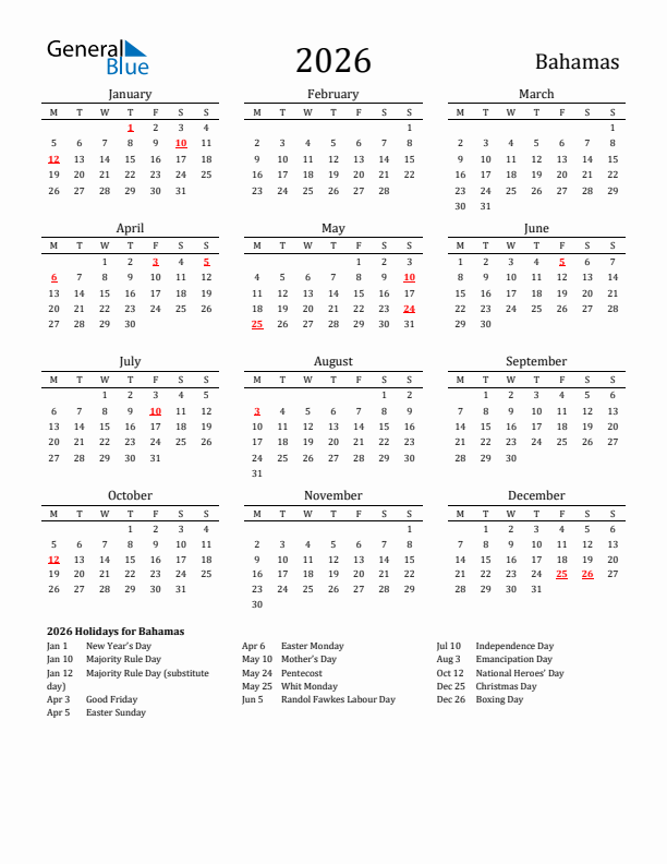Bahamas Holidays Calendar for 2026