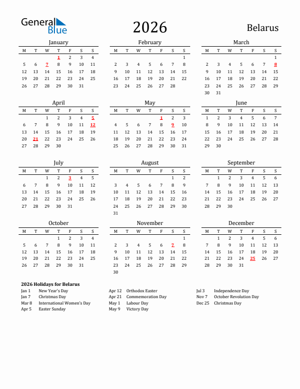 Belarus Holidays Calendar for 2026