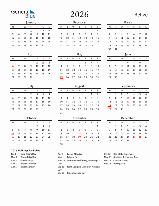 Belize Holidays Calendar for 2026