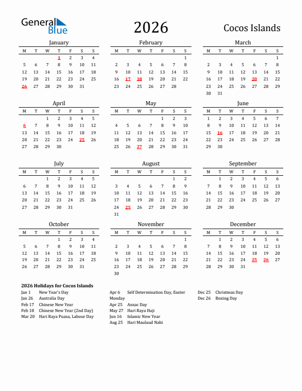 Cocos Islands Holidays Calendar for 2026