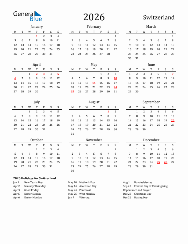 Switzerland Holidays Calendar for 2026