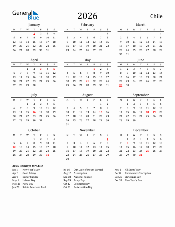 Chile Holidays Calendar for 2026