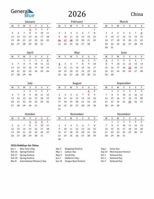 China Holidays Calendar for 2026