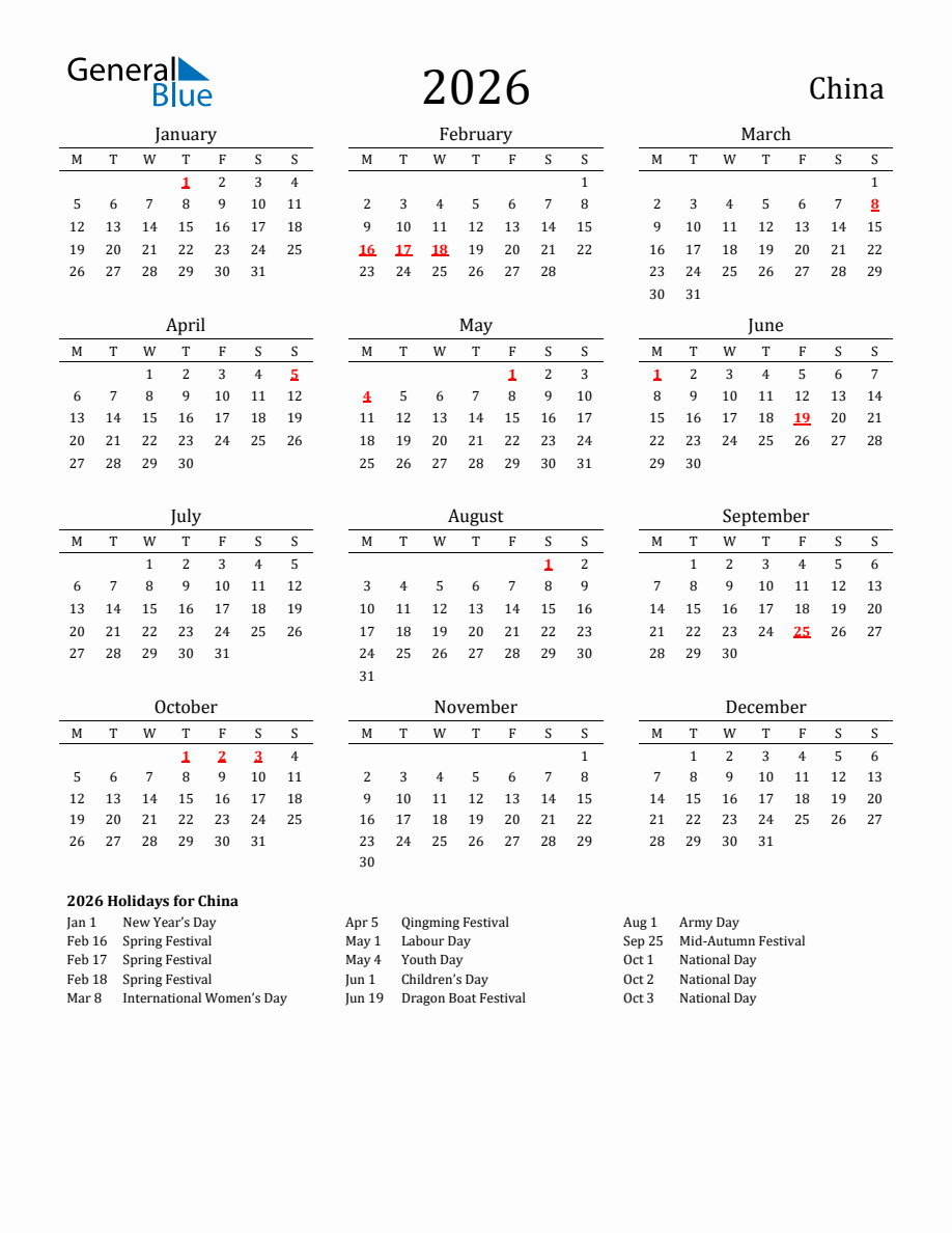 Free China Holidays Calendar for Year 2026