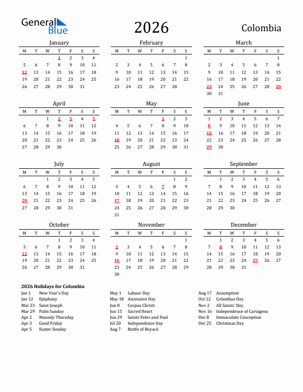 Colombia Holidays Calendar for 2026