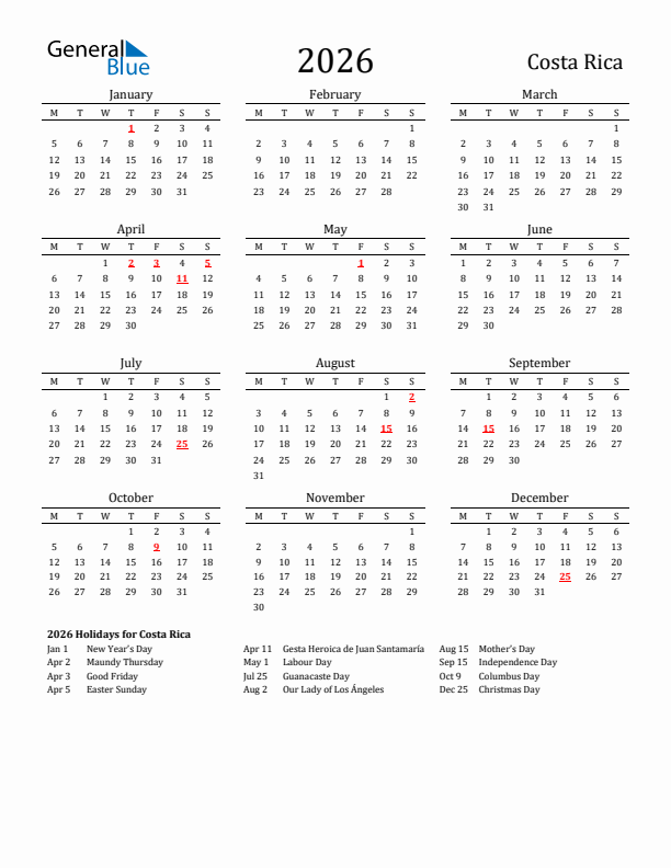 Costa Rica Holidays Calendar for 2026