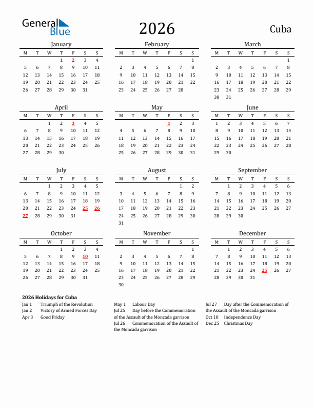 Cuba Holidays Calendar for 2026