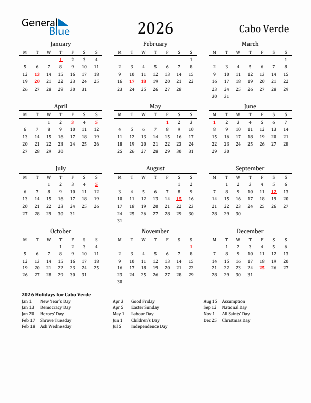 Cabo Verde Holidays Calendar for 2026