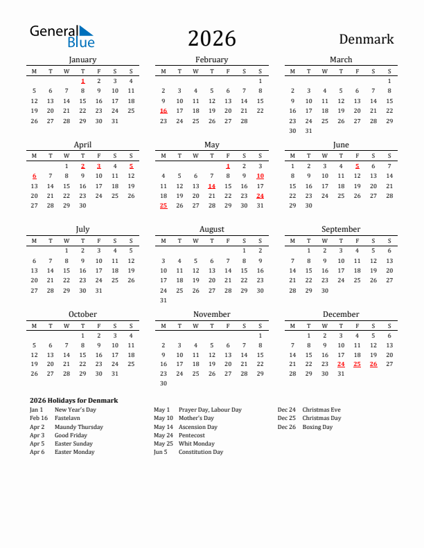 Denmark Holidays Calendar for 2026
