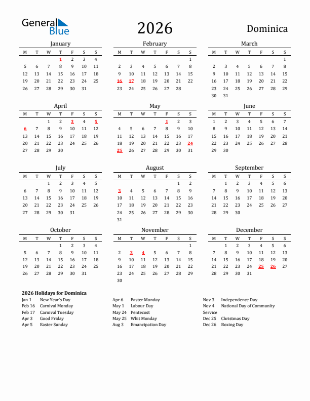 Dominica Holidays Calendar for 2026