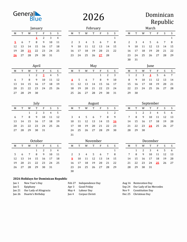Dominican Republic Holidays Calendar for 2026