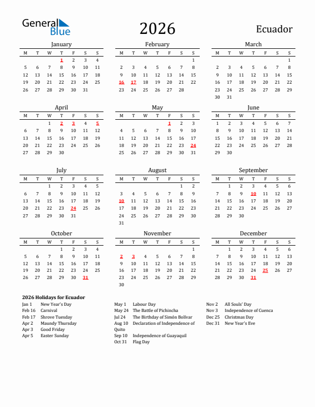 Ecuador Holidays Calendar for 2026