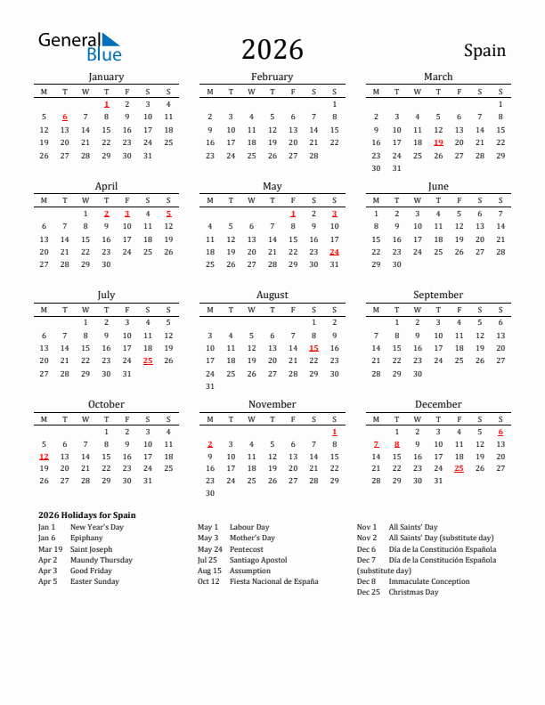 Spain Holidays Calendar for 2026
