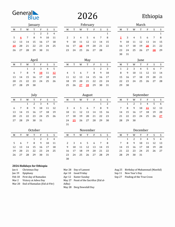 Ethiopia Holidays Calendar for 2026
