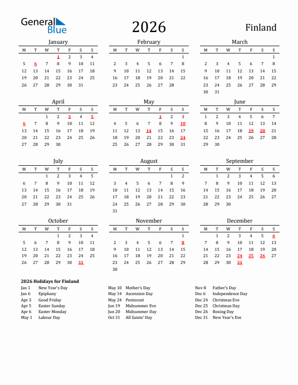 Finland Holidays Calendar for 2026
