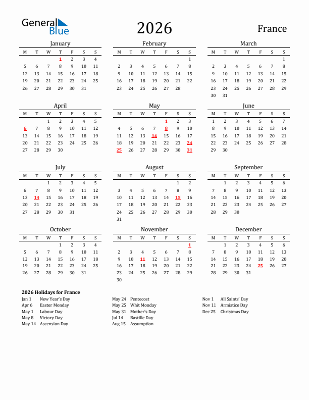 France Holidays Calendar for 2026