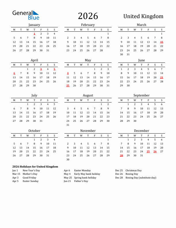 United Kingdom Holidays Calendar for 2026