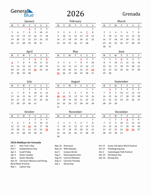 Grenada Holidays Calendar for 2026
