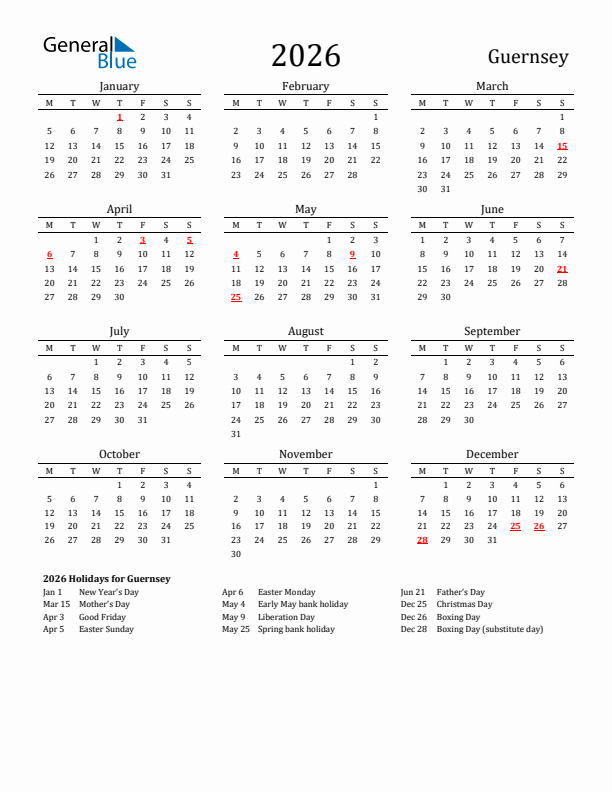 Guernsey Holidays Calendar for 2026