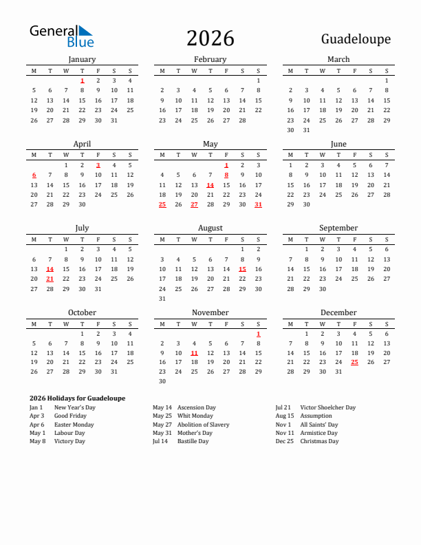 Guadeloupe Holidays Calendar for 2026