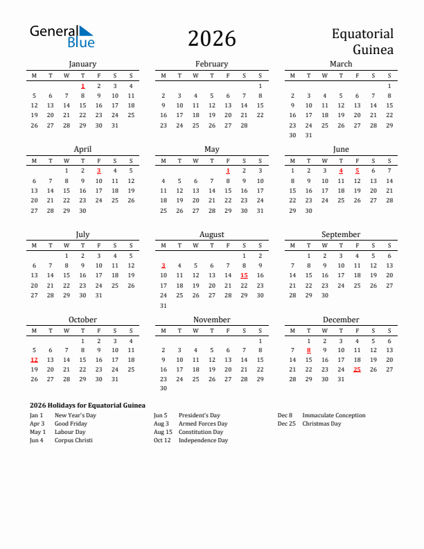 Equatorial Guinea Holidays Calendar for 2026