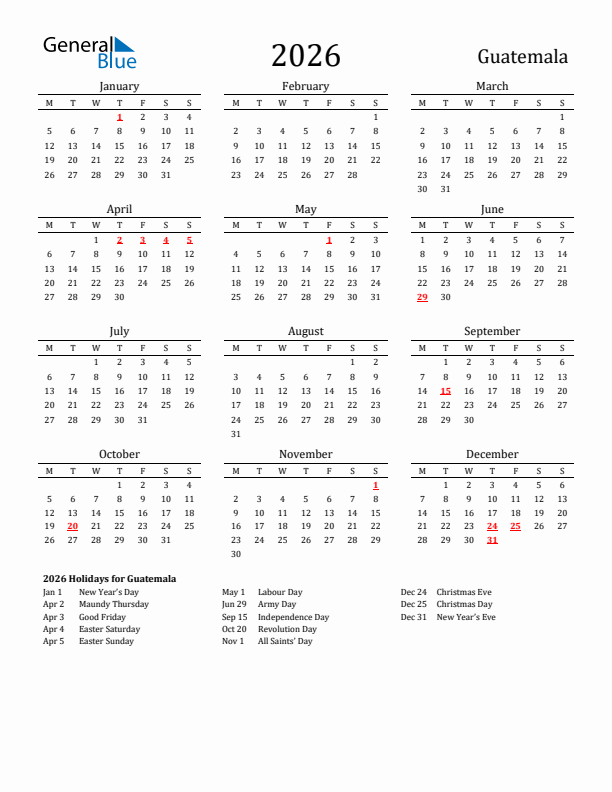 Guatemala Holidays Calendar for 2026