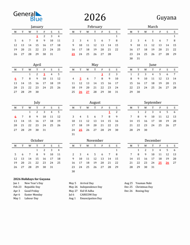 Guyana Holidays Calendar for 2026