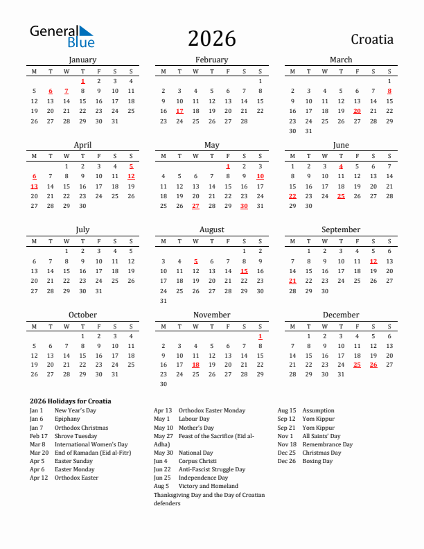 Croatia Holidays Calendar for 2026
