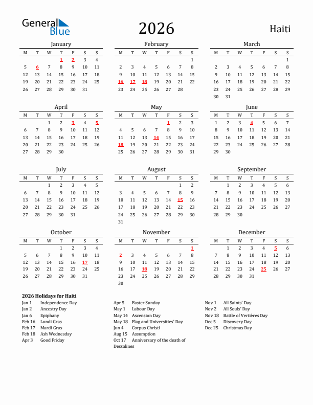 Haiti Holidays Calendar for 2026