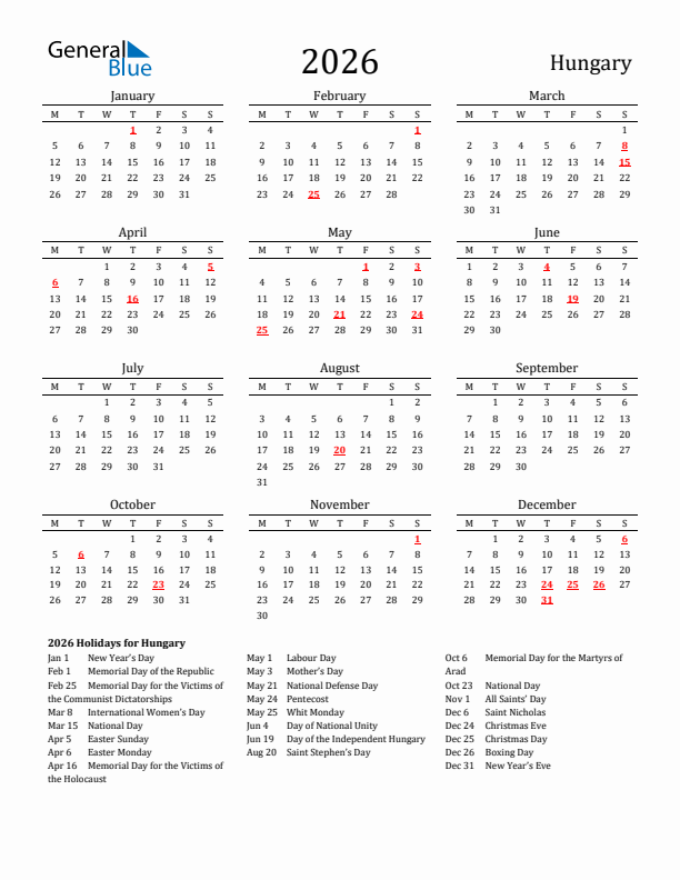 Hungary Holidays Calendar for 2026