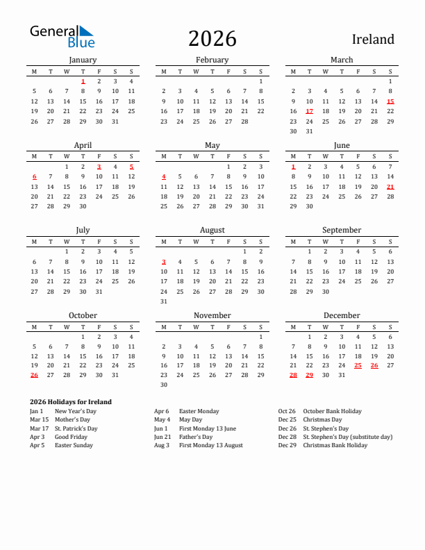 Ireland Holidays Calendar for 2026